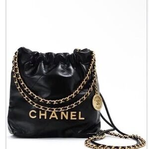 CHANEL 22 Black Leather Chain-Accent Shoulder Bag